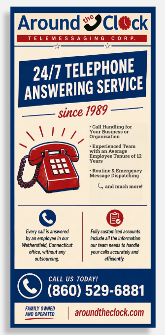 Around the Clock 24/7 telephone answering service rack card